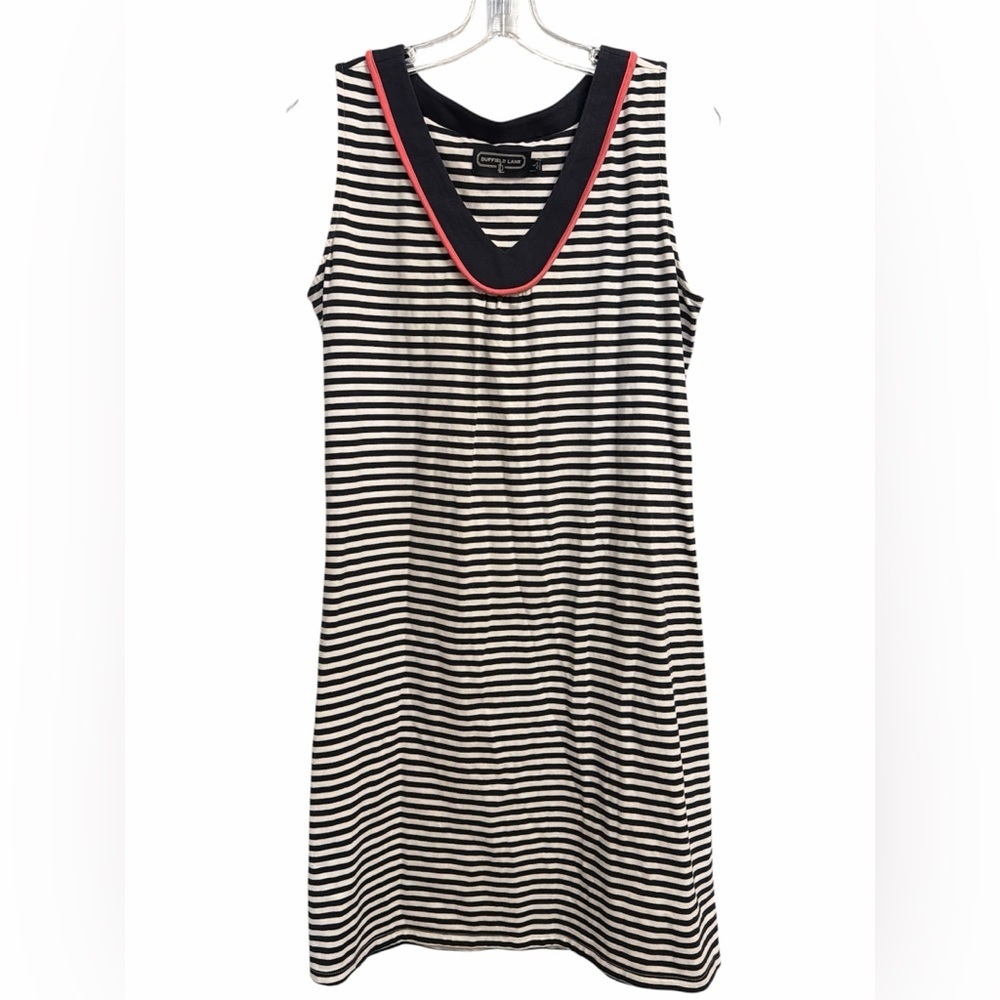 Duffield Lane Navy and White Striped Dress with Red Accents